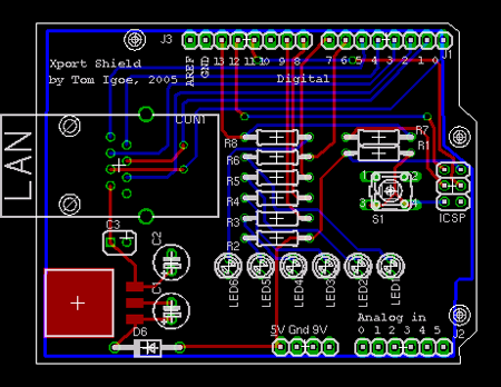 PCB layout diagram of the Arduino shield to connect to the Lantronix Xport